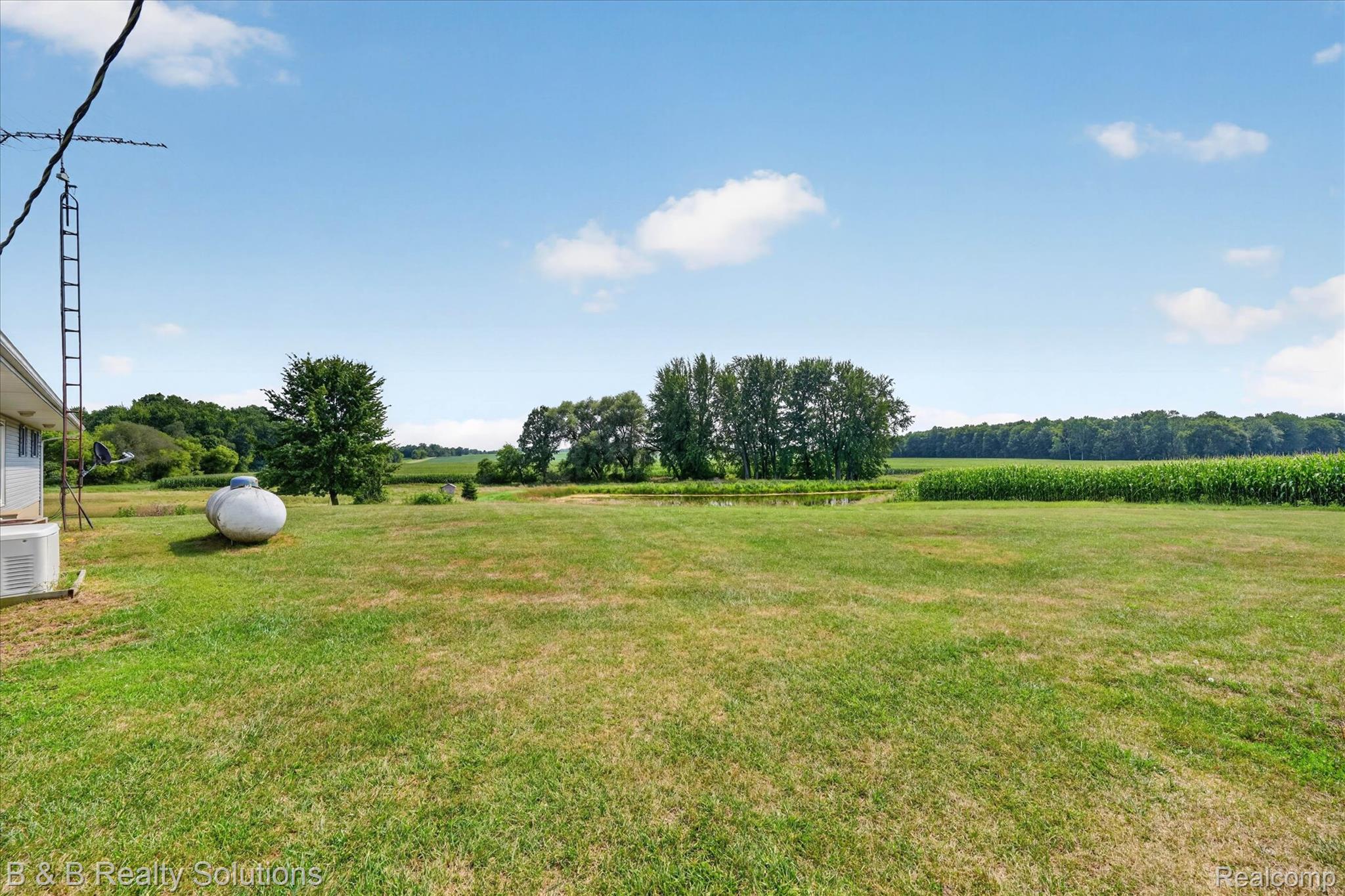 6605 Patrick Road North Branch, MI 48461 - Photo 42 of 44 Expansive grounds featuring manicured lawn with mature tree clusters, agricultural acreage visible beyond property lines, and communication tower infrastructure on-site