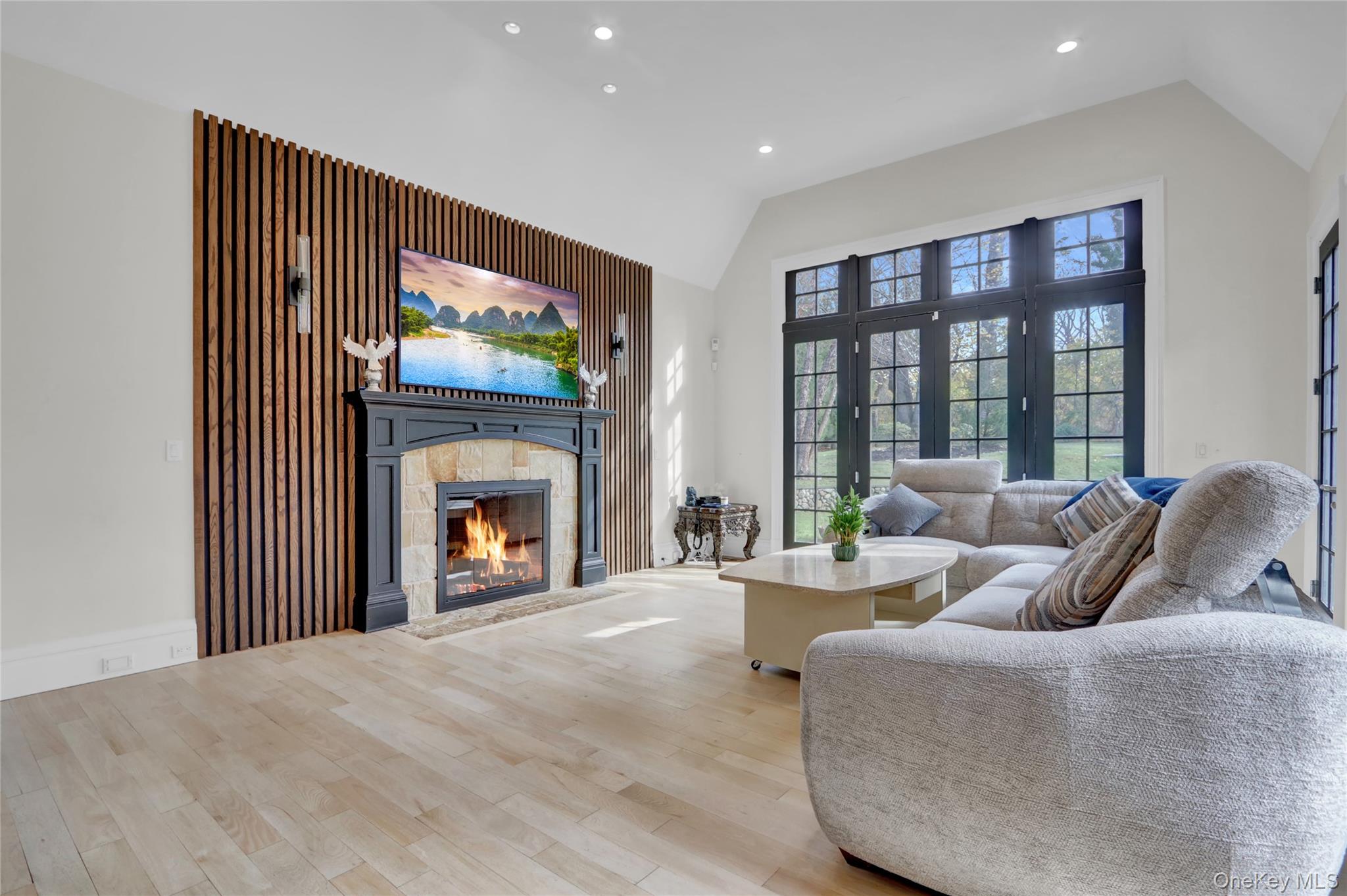 119 Wheatley Road Old Westbury, NY 11568 - Photo 19 of 45 a living room with furniture a fireplace and a flat screen tv