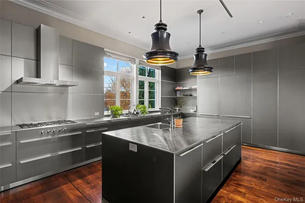 a kitchen with stainless steel appliances a counter space and a window