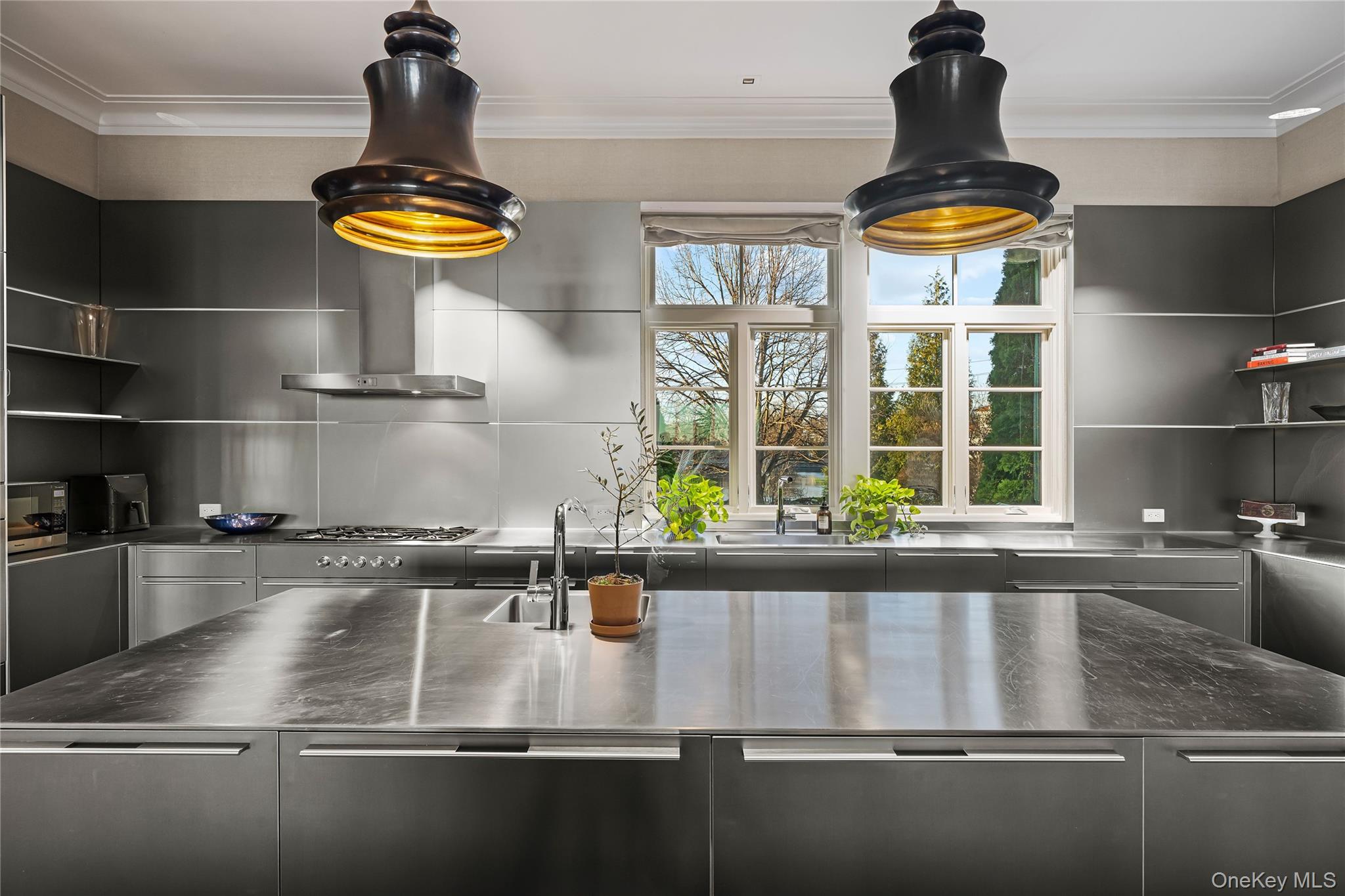 106 Premium Point New Rochelle, NY 10801 - Photo 18 of 44 Kitchen featuring stainless steel counters, wall chimney exhaust hood, modern cabinets, and crown molding