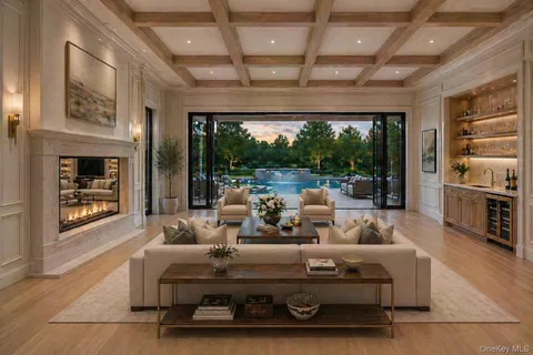 a living room with furniture a floor to ceiling window and potted plants
