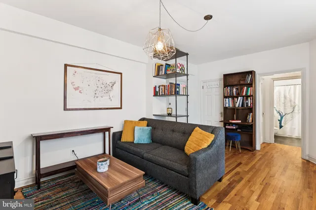 a living room with furniture a rug and a bookshelf