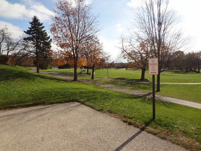 a view of a park and trees in the background