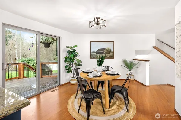 a view of a dining room with furniture window and wooden floor