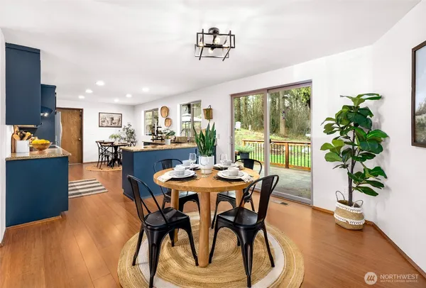 a view of a dining room with furniture window and wooden floor