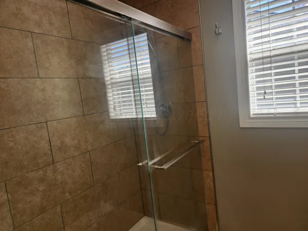 a bathroom with a shower and a sink
