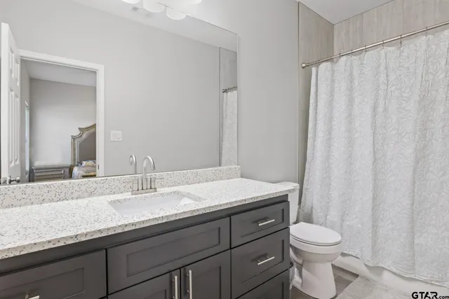 a bathroom with a granite countertop sink toilet and a mirror