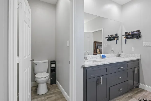 a bathroom with a toilet a sink and mirror