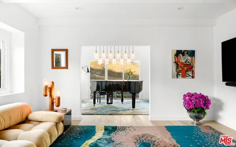 a living room with furniture potted plant and a table