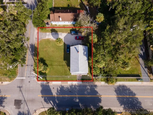an aerial view of a house with a yard and a large tree