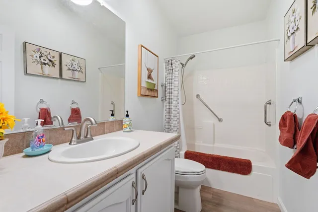 a bathroom with a sink a toilet and shower