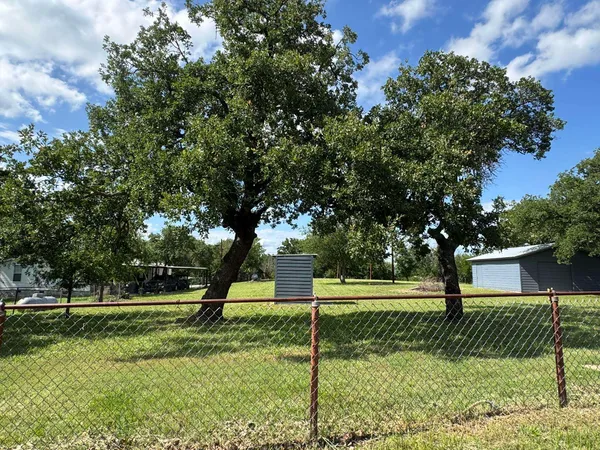 a view of a park with large trees