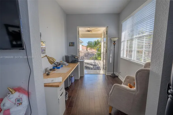 a view of a back yard with an outdoor space