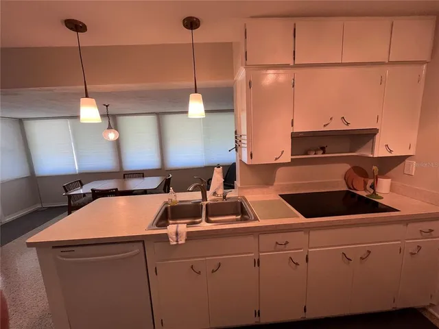 a kitchen with a sink a counter space and cabinets
