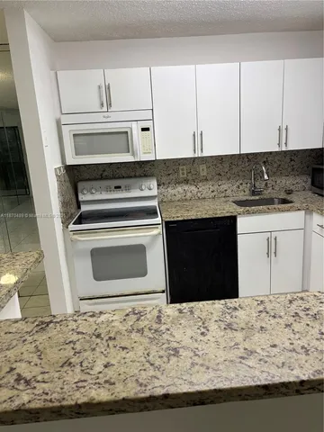 a kitchen with granite countertop a stove a sink and a microwave