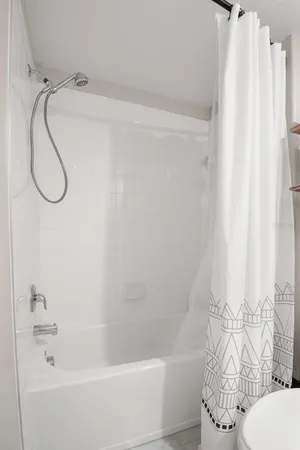 a bathroom with a shower curtain and a bathtub