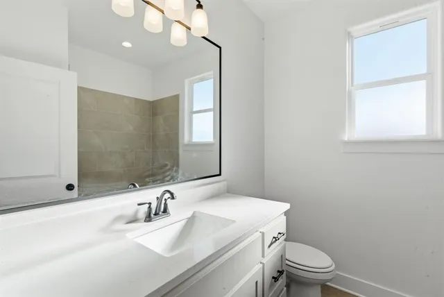 a bathroom with a sink a toilet and a mirror