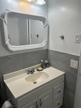 a bathroom with a sink and a mirror