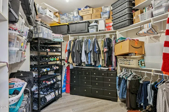 a view of walk in closet with clothes and shoes