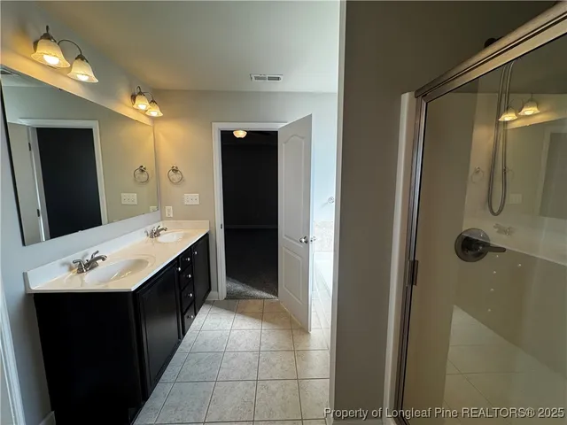 a bathroom with a double vanity sink a mirror and a shower