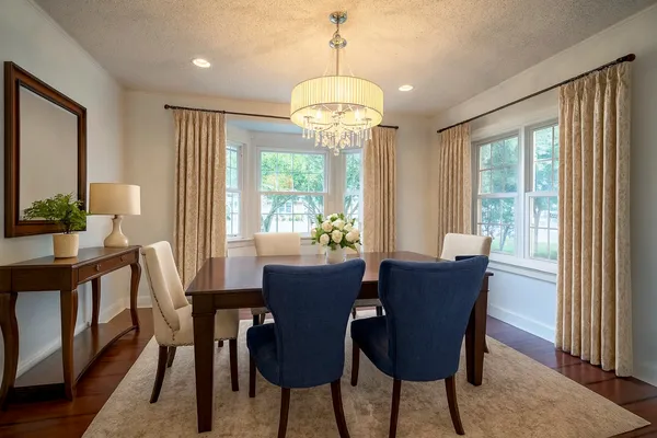 a view of a dining room with furniture window and outside view