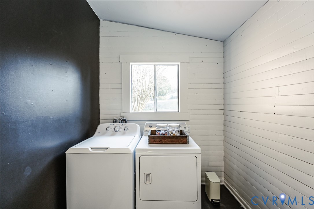 6048 Gainford Road Richmond, VA 23234 - Photo 43 of 83 Laundry area with lofted ceiling, wood walls, and