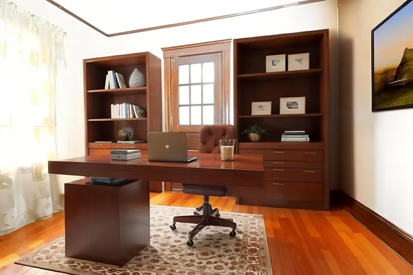 a workspace with furniture and window