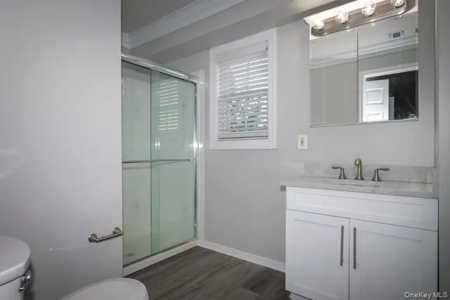 a bathroom with a granite countertop sink toilet and mirror