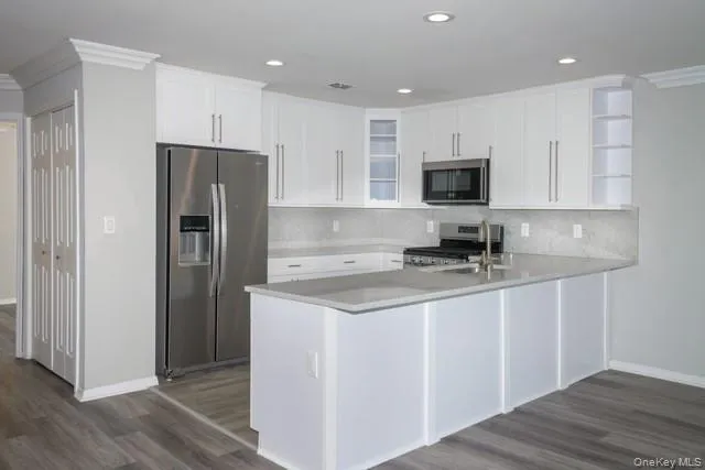 a kitchen with stainless steel appliances granite countertop a refrigerator stove a sink and a microwave