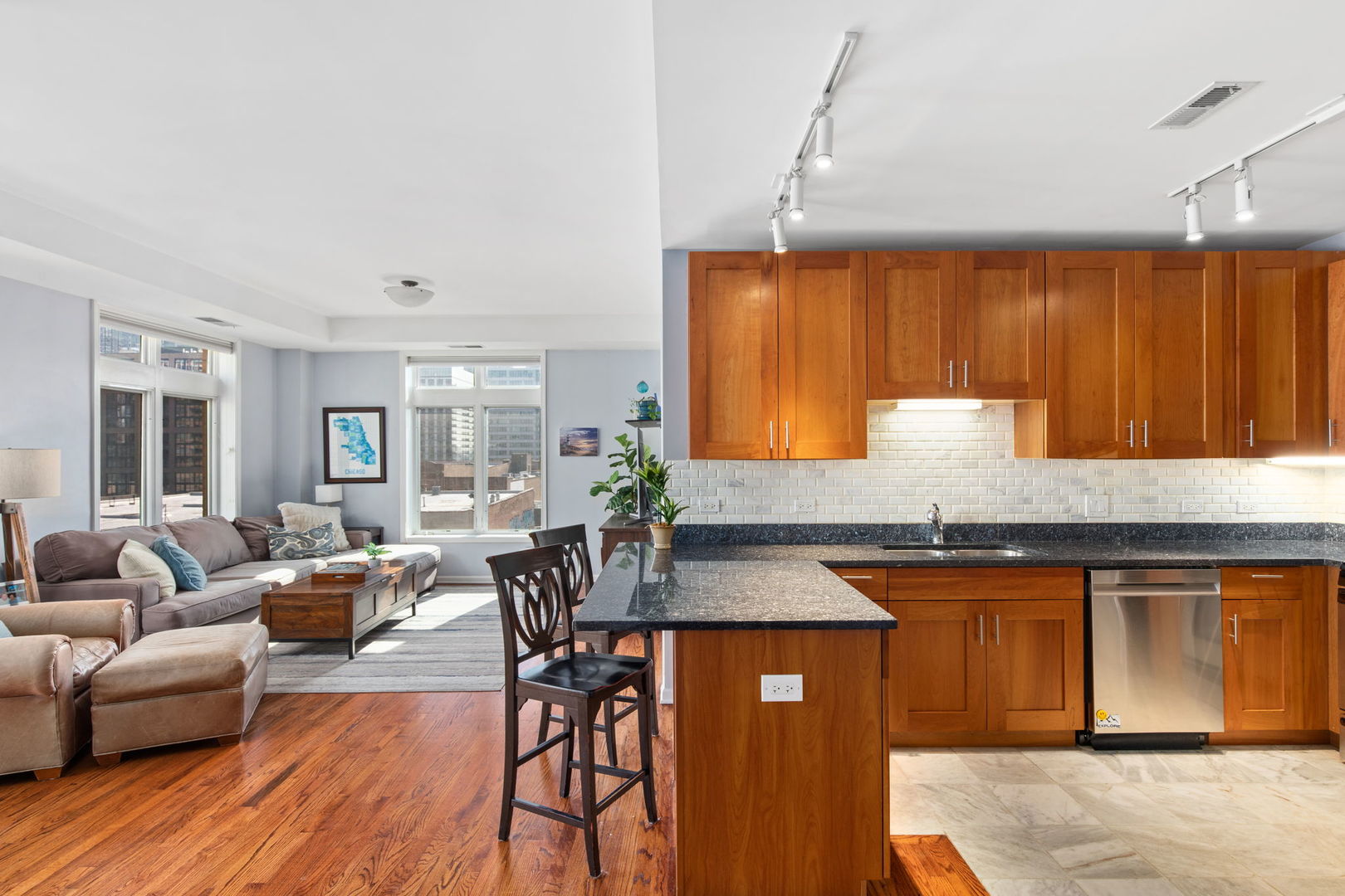 657 West Fulton Street, Unit 705 Chicago, IL 60661 - Photo 2 of 24 a kitchen with granite countertop a sink cabinets and wooden floor