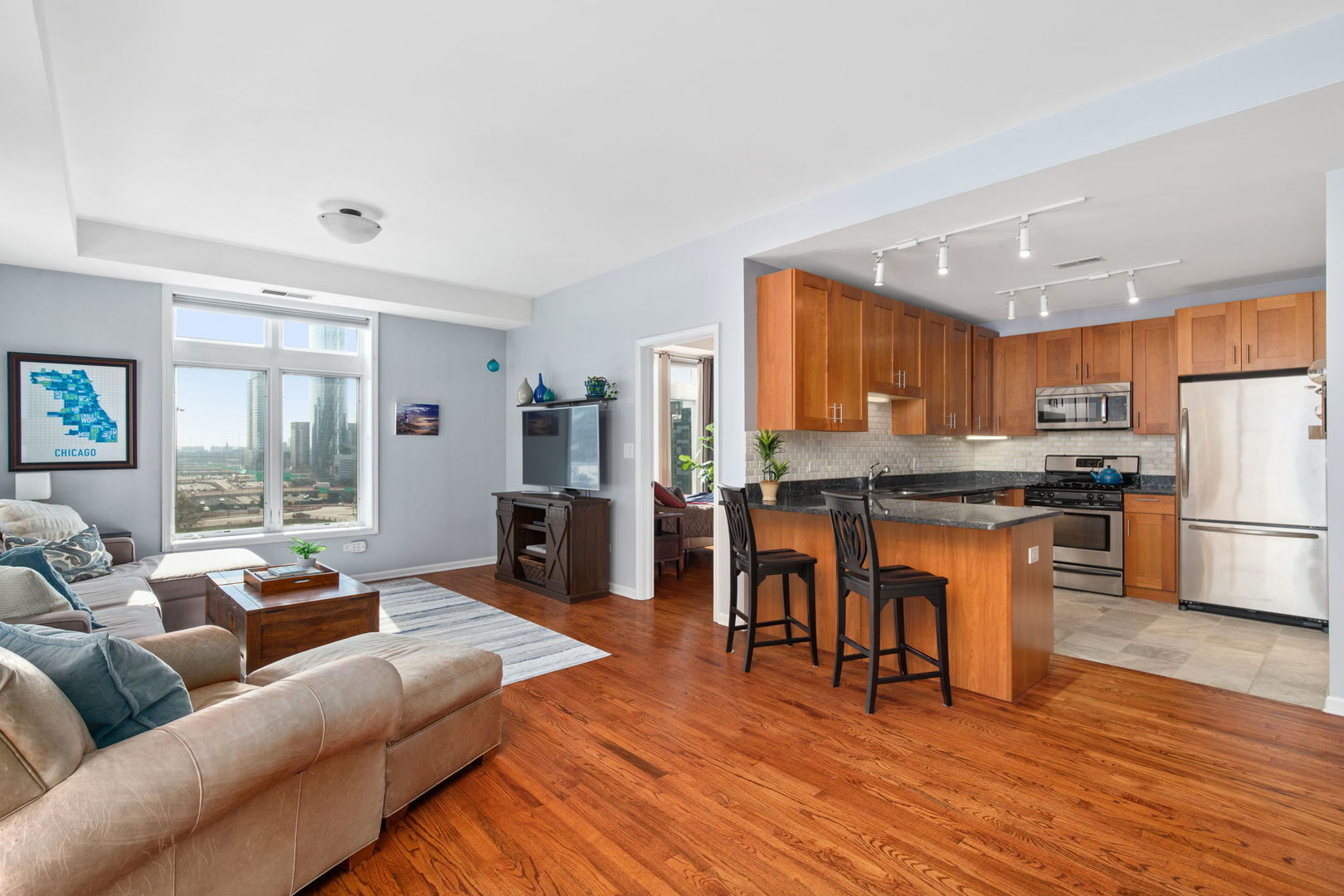 657 West Fulton Street, Unit 705 Chicago, IL 60661 - Photo 9 of 24 a living room with stainless steel appliances kitchen island granite countertop wooden floor a couch and a window