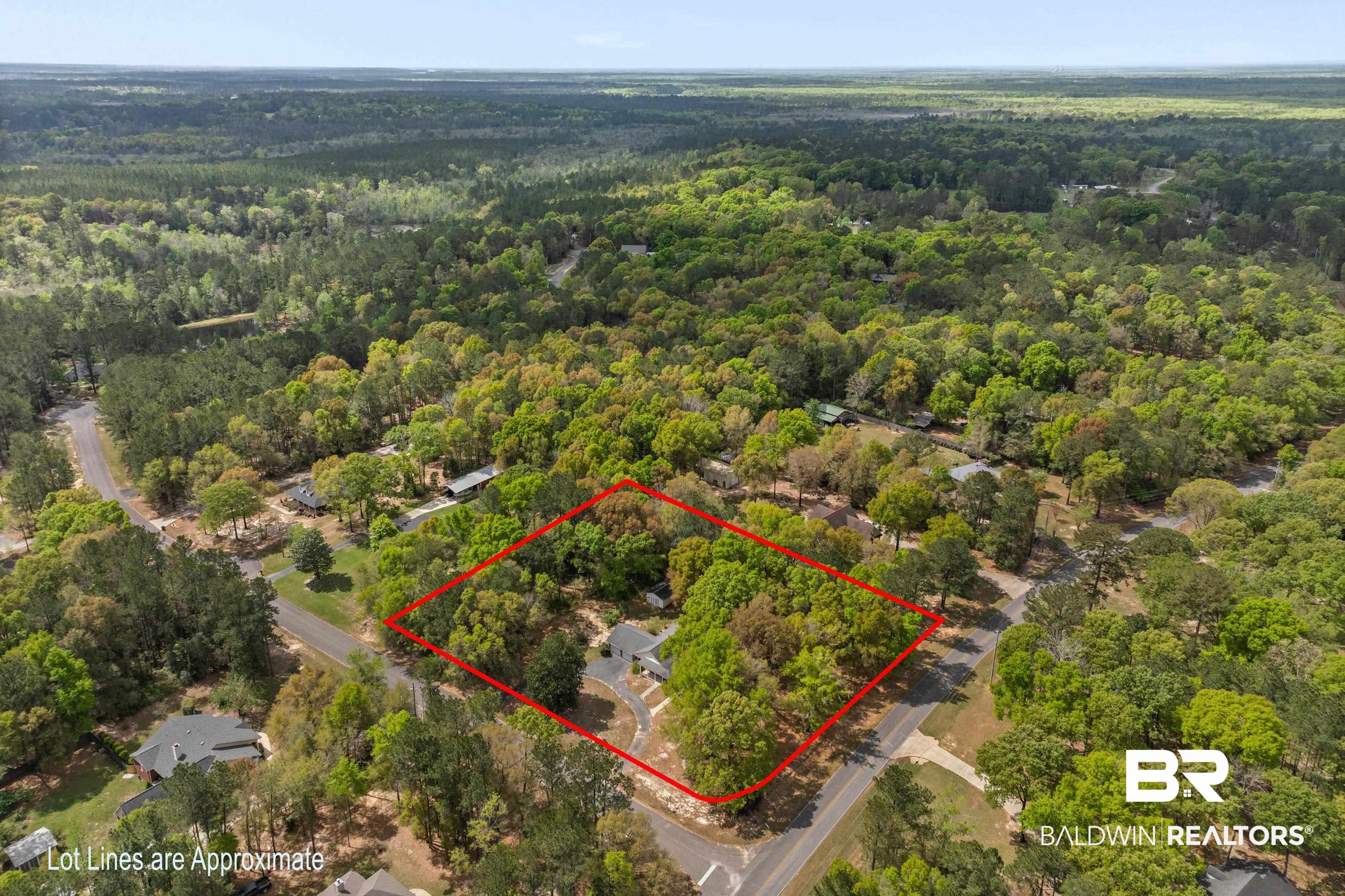 10140 Lakeview Road Bay Minette, AL 36507 - Photo 32 of 35 Aerial overview of property's location with property boundaries highlighted and a forest