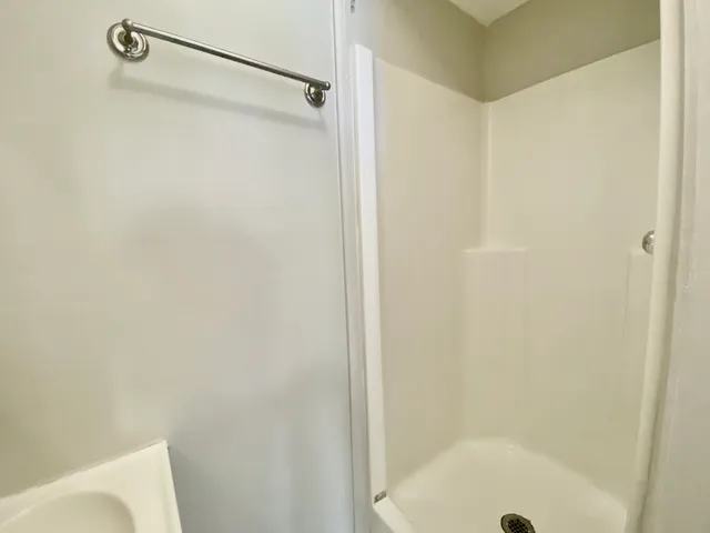 a bathroom with a shower and a toilet