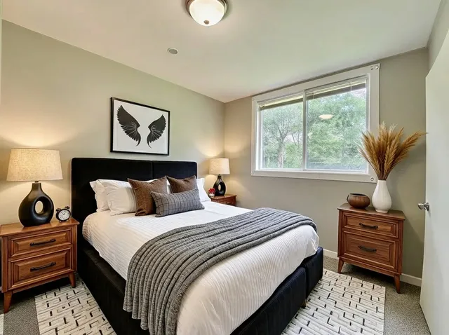 a bedroom with bed and a window