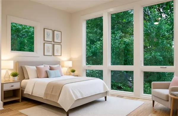 a bedroom with a bed and a large window