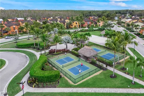 an aerial view of a house with a garden