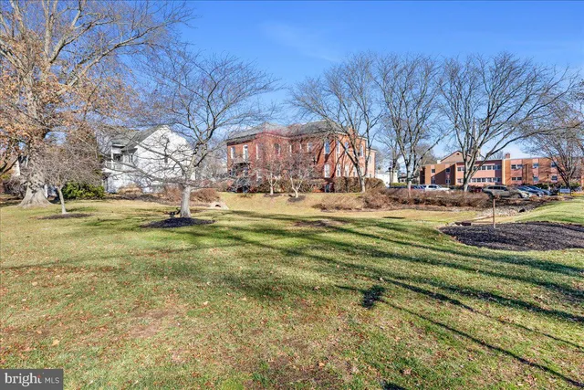 a backyard of apartments with large trees