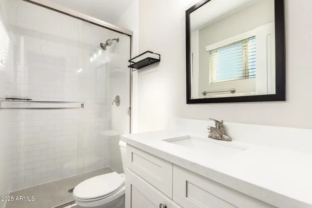 a bathroom with a sink a toilet and shower