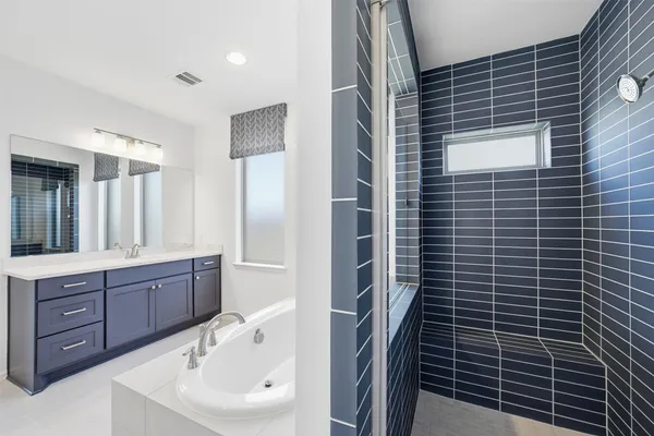 a bathroom with a sink mirror and shower