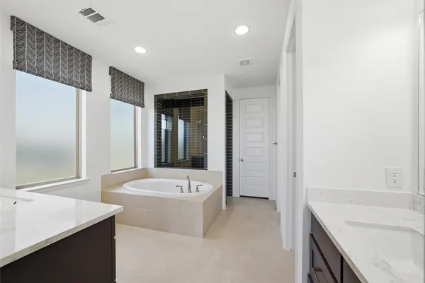a bathroom with a tub a sink and a large mirror