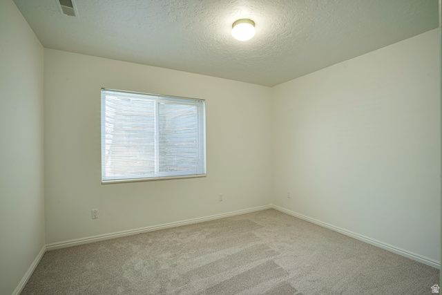 1433 Forge Way Draper, UT 84020 - Photo 24 of 29 Neutral wall tones featuring a window with horizontal blinds, textured ceiling, flush-mount lighting, and carpet flooring