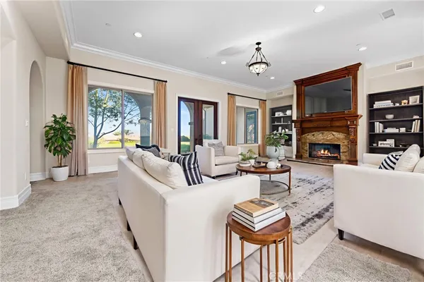 a living room with fireplace furniture and a flat screen tv