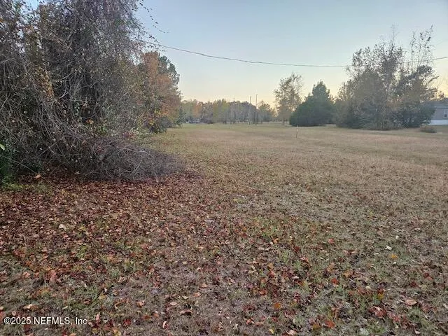 a view of a field with trees in background
