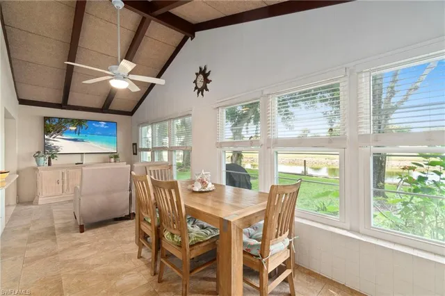 a view of a dining room with furniture window and outside view
