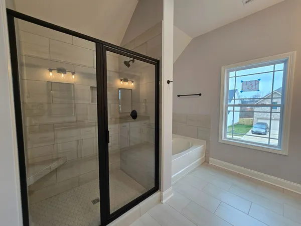 a bathroom with a bathtub and a shower
