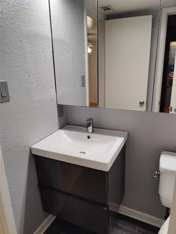 a bathroom with a sink vanity and a toilet