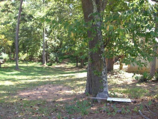 a view of a yard with large trees