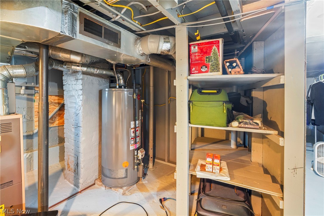 629 Clinton Street Niles, OH 44446 - Photo 35 of 50 Utility area featuring exposed overhead ductwork, a water heater, and painted brickwork