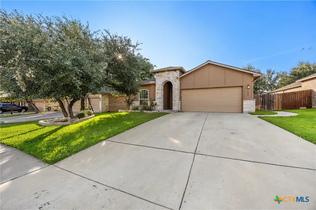 a view of a house with a yard and large tree
