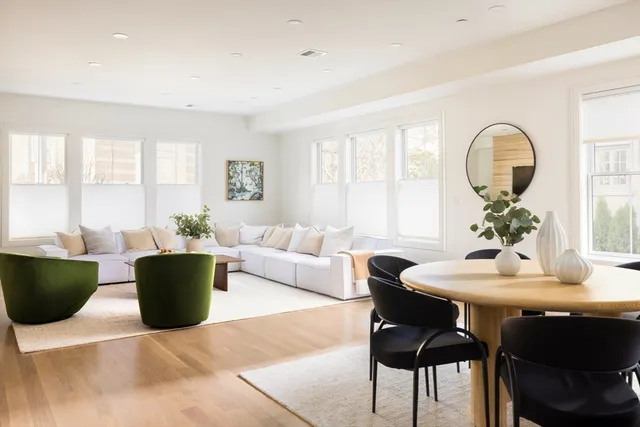 a living room with furniture potted plant and a window